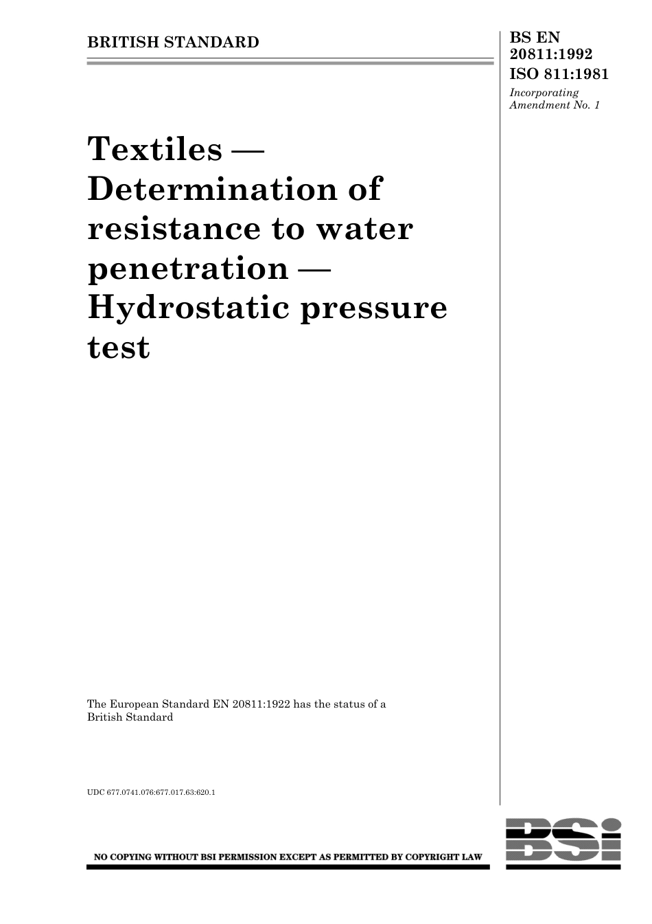 BS EN 20811-1992 纺织纤维.耐水渗透性的测定.静水压试验.pdf_第1页