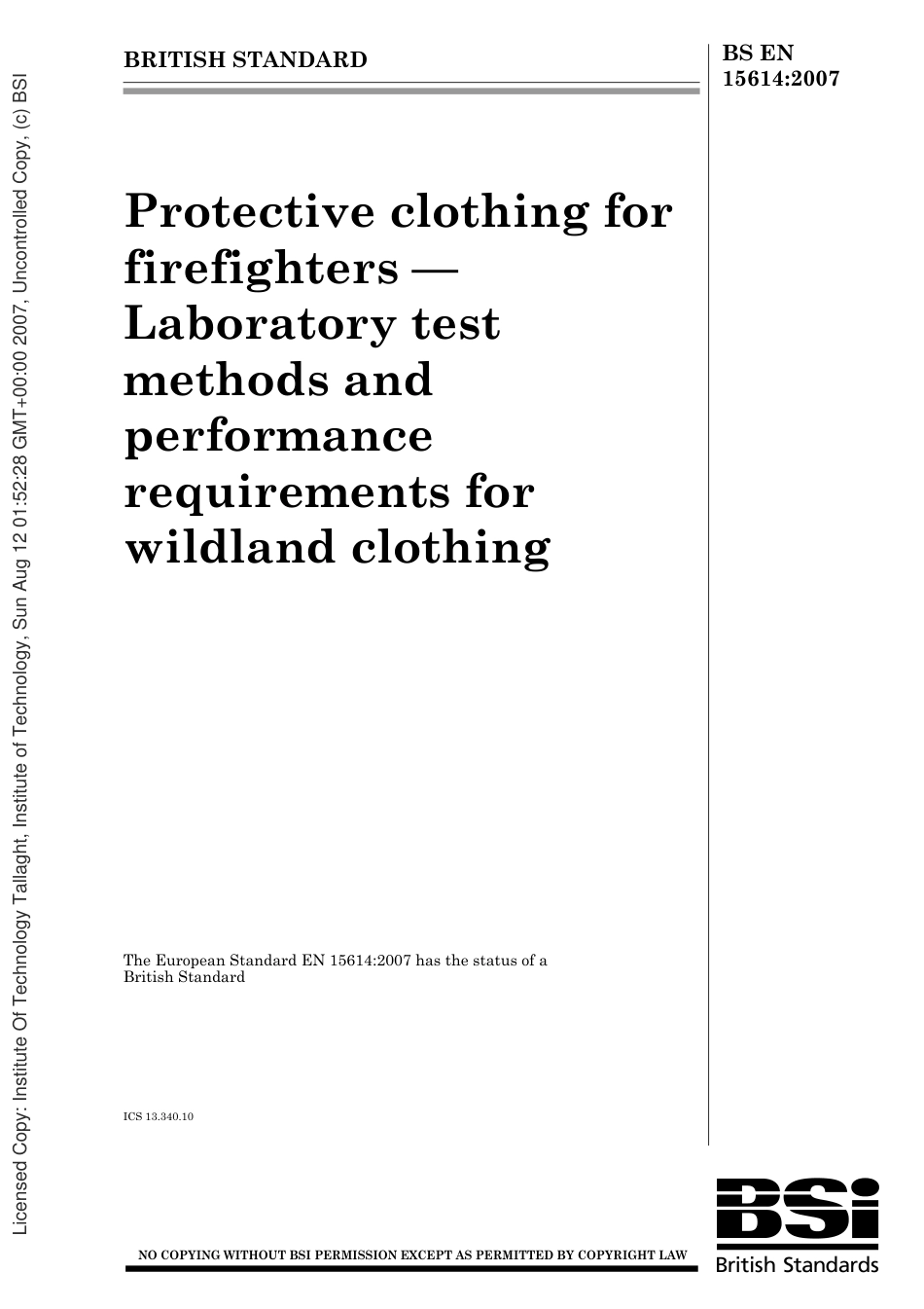 BS EN 15614-2007 消防队用防护服装.实验室试验方法和野外服装的性能要求.pdf_第1页
