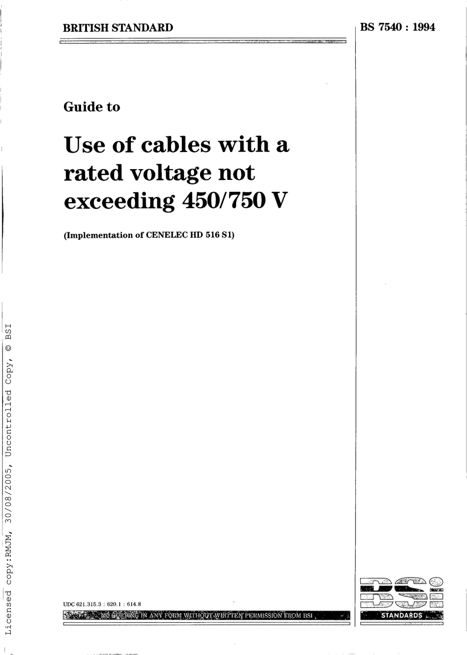 BS 7540-1994 额定电压不超过450-750V的电缆使用指南.pdf_第1页