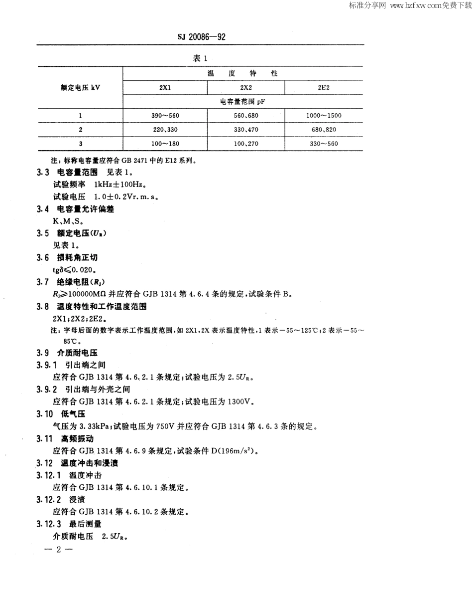 【电子行业军用标准】SJ 20086-1992 CT8110型高压瓷介固定电容器详细规范.pdf_第2页