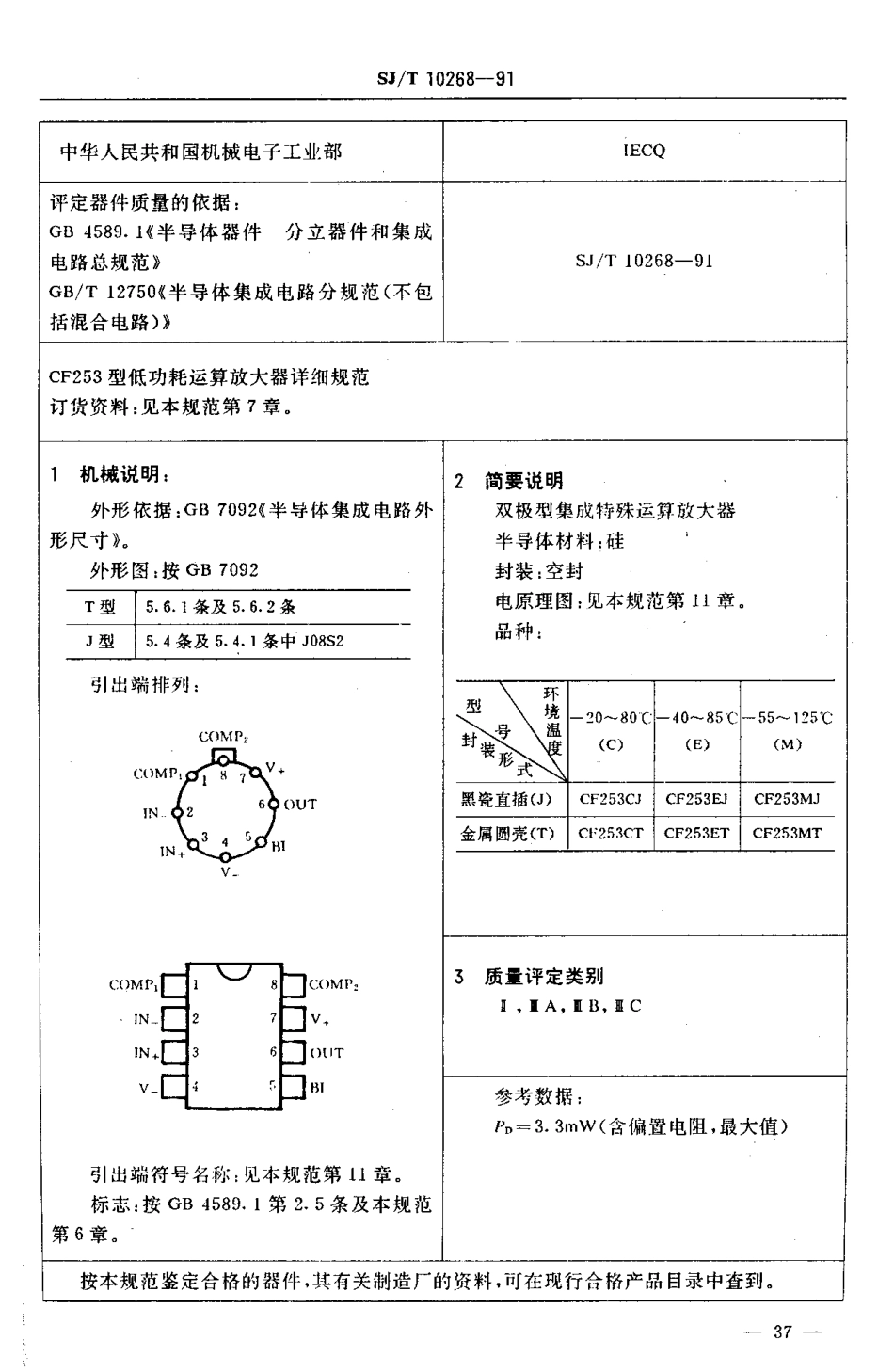 【电子行业军用标准】SJ 10268-1991 电子元器件详细规范 半导体集成电路CF253型低功耗运算放大器.PDF_第3页