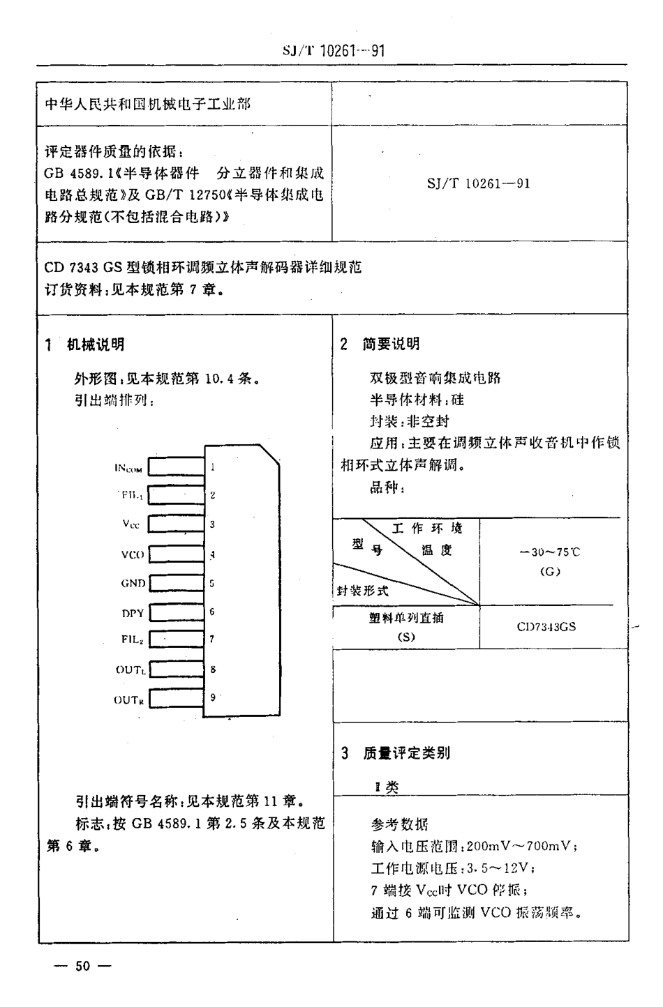 【电子行业军用标准】SJ 10261-1991 电子元器件详细规范 半导体集成电路CD7343GS型锁相环调频立体声解码器.PDF_第3页