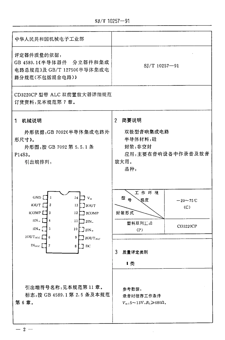 【电子行业军用标准】SJ 10257-1991 电子元器件详细规范 半导体集成电路CD3220CP型带ALC双前置放大器.PDF_第3页