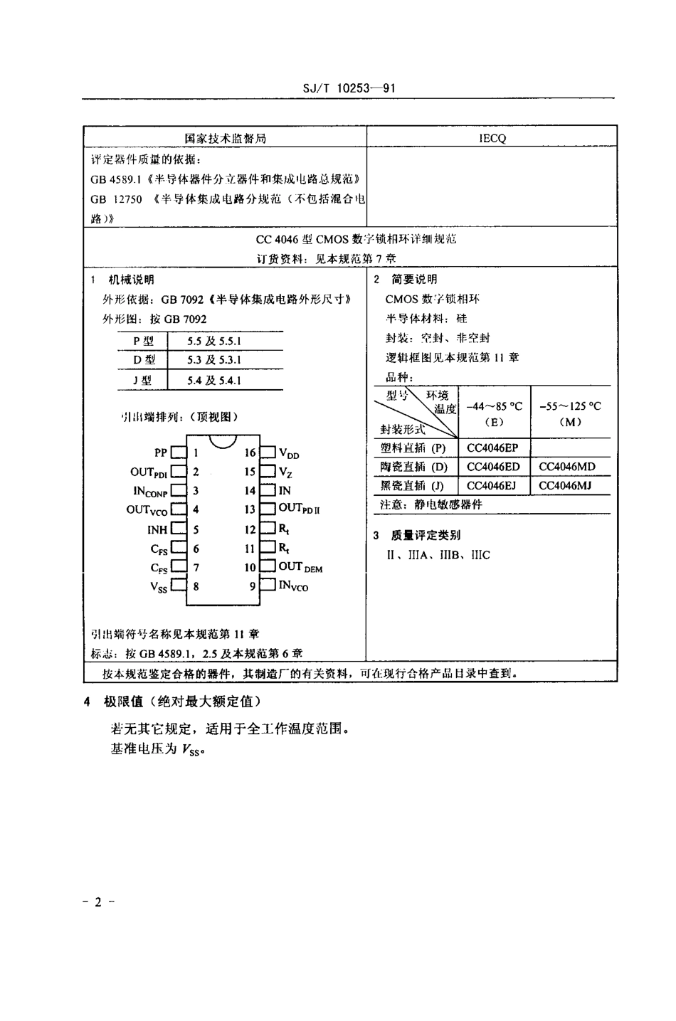 【电子行业军用标准】SJ 10253-1991 电子元器件详细规范 半导体集成电路CC4046型CMOS数字锁相环.PDF_第3页