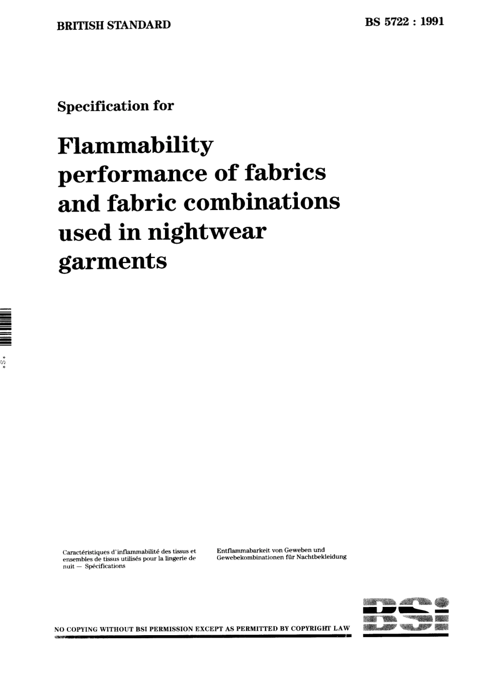 BS 5722-1991 睡衣用面料和面料组合的阻燃性能.pdf_第1页