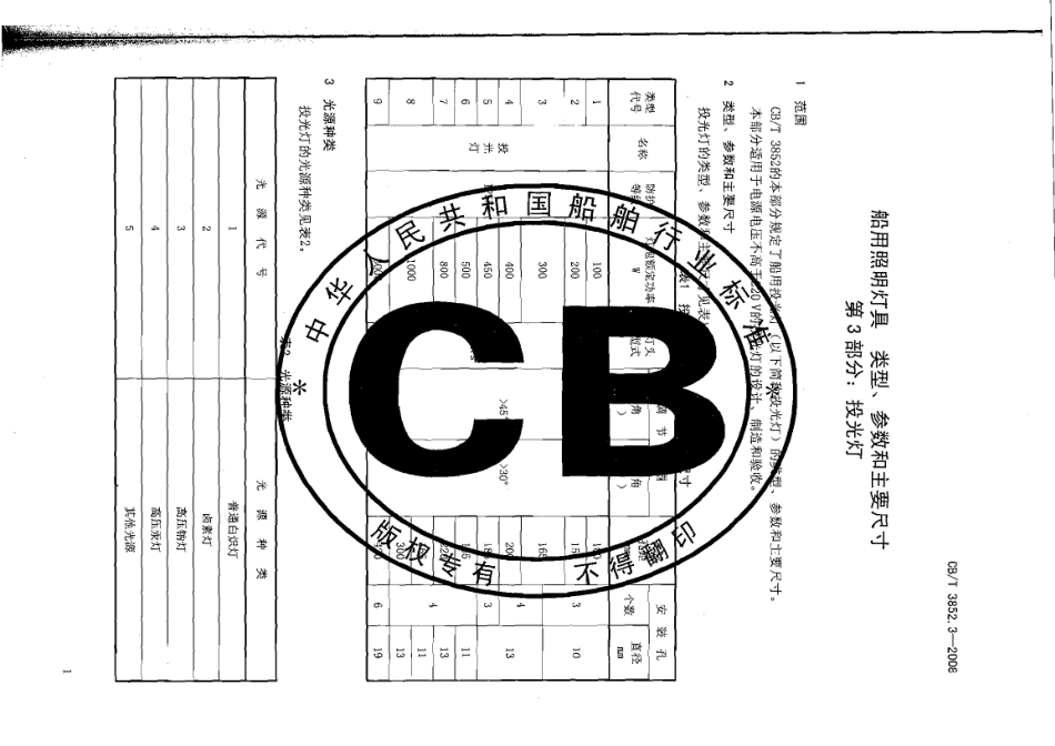 CBT 3852.3-2008 船用照明灯具类型、参数和主要尺寸 第3部分：投光灯.pdf_第3页