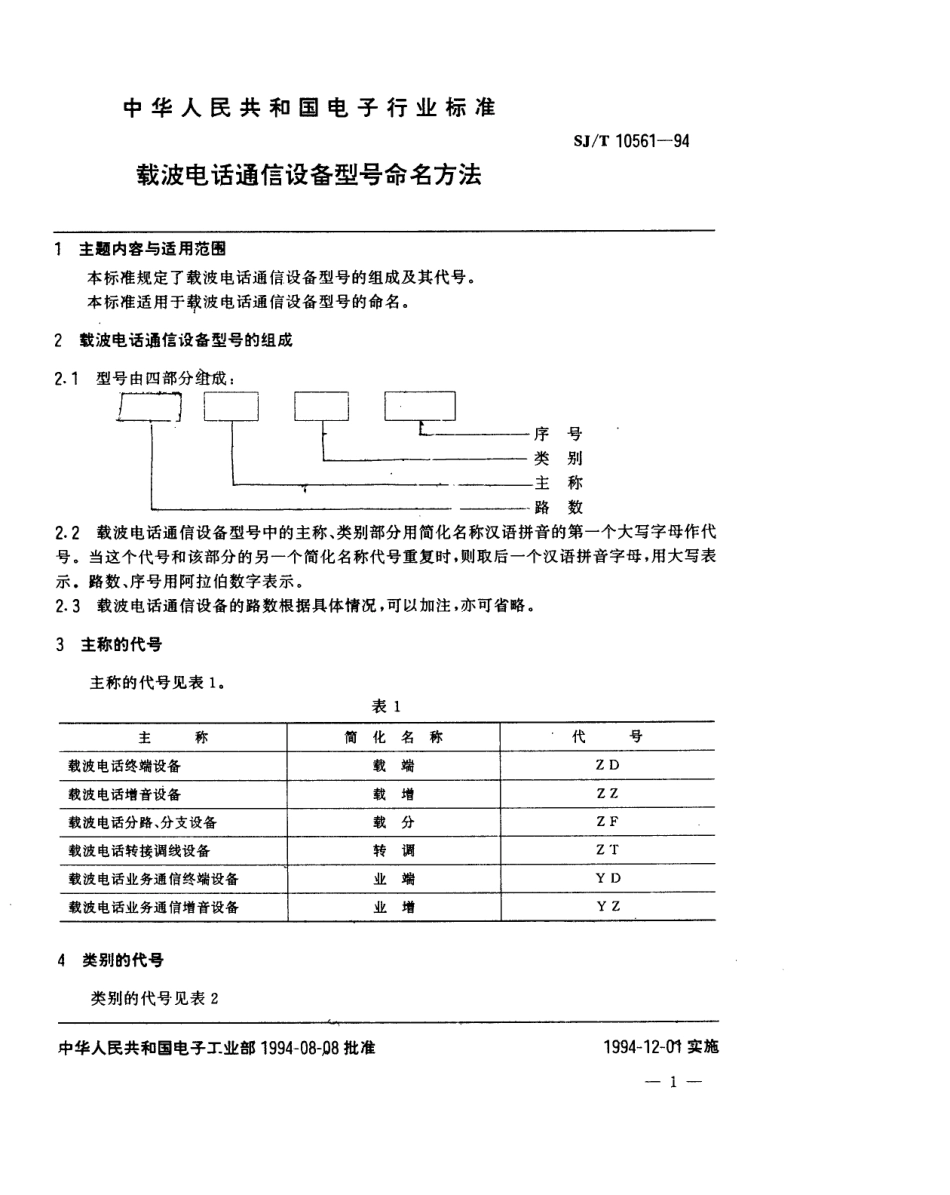【电子行业军用标准】SJT 10561-1994 载波电话通信设备型号命名方法.pdf_第2页