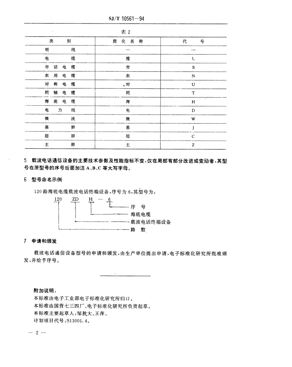 【电子行业军用标准】SJT 10561-1994 载波电话通信设备型号命名方法.pdf_第3页