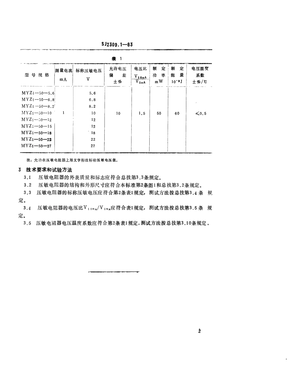 SJ 2309.1-1983 MYZ1型消噪用氧化锌压敏电阻器.pdf_第3页