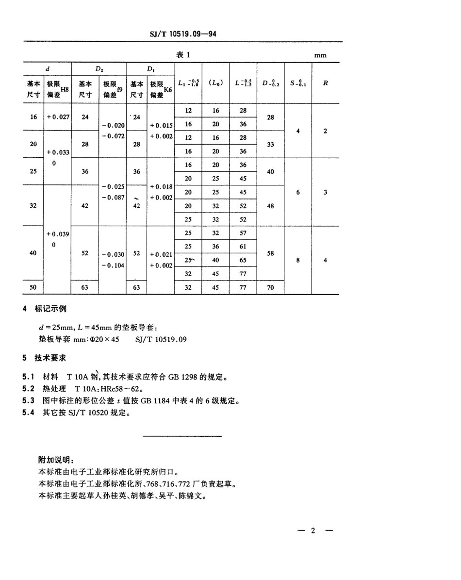 【电子行业军用标准】SJT 10519.9-1994 塑料注射模零件 垫板导套.pdf_第2页