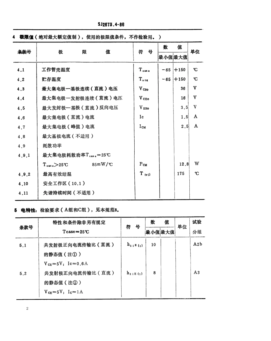 SJ 2673.4-1986 电子元器件详细规范 3DA314型470MHz管壳额定的低电压双极型功率晶体管.pdf_第2页