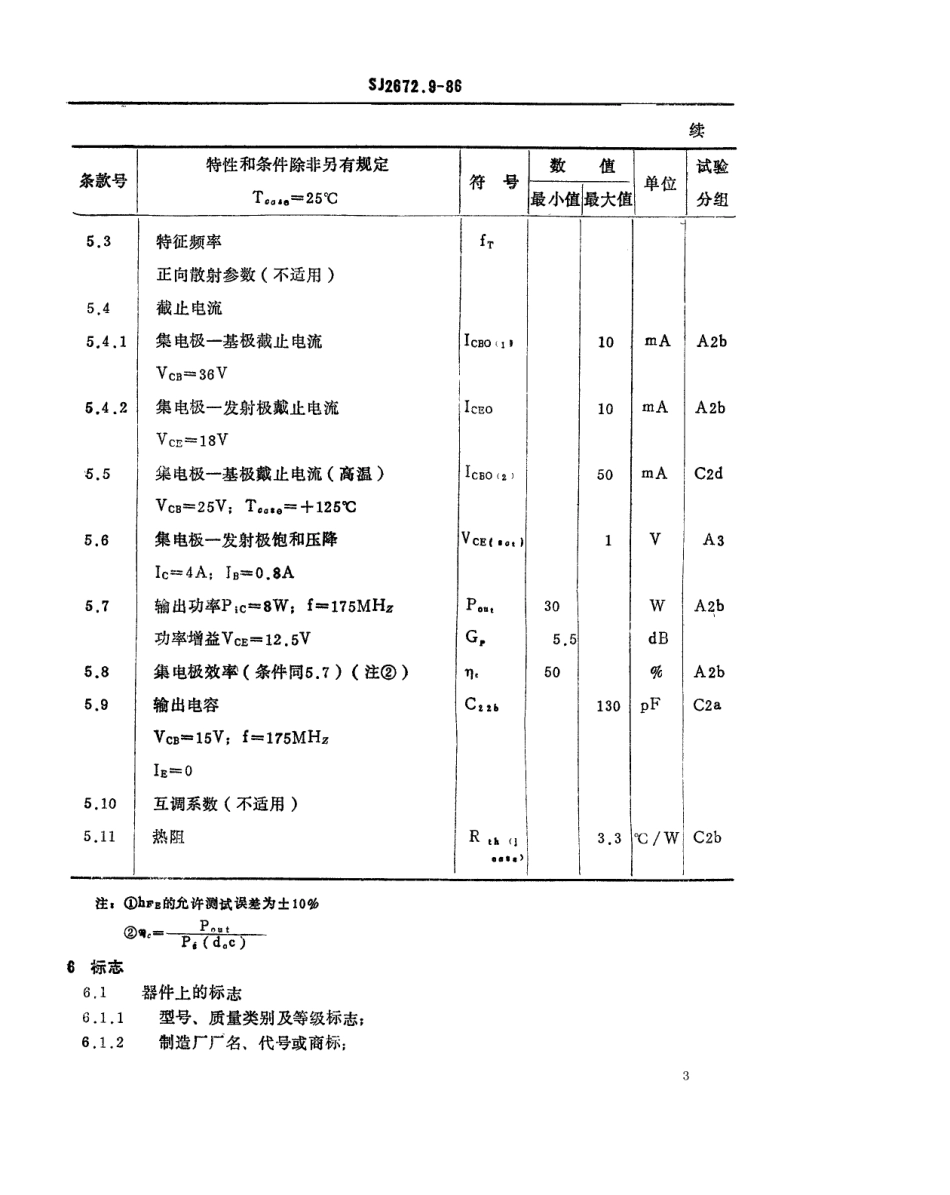 SJ 2672.9-1986 电子元器件详细规范 3DA309型175MHz管壳额定的低电压双极型功率晶体管.pdf_第3页