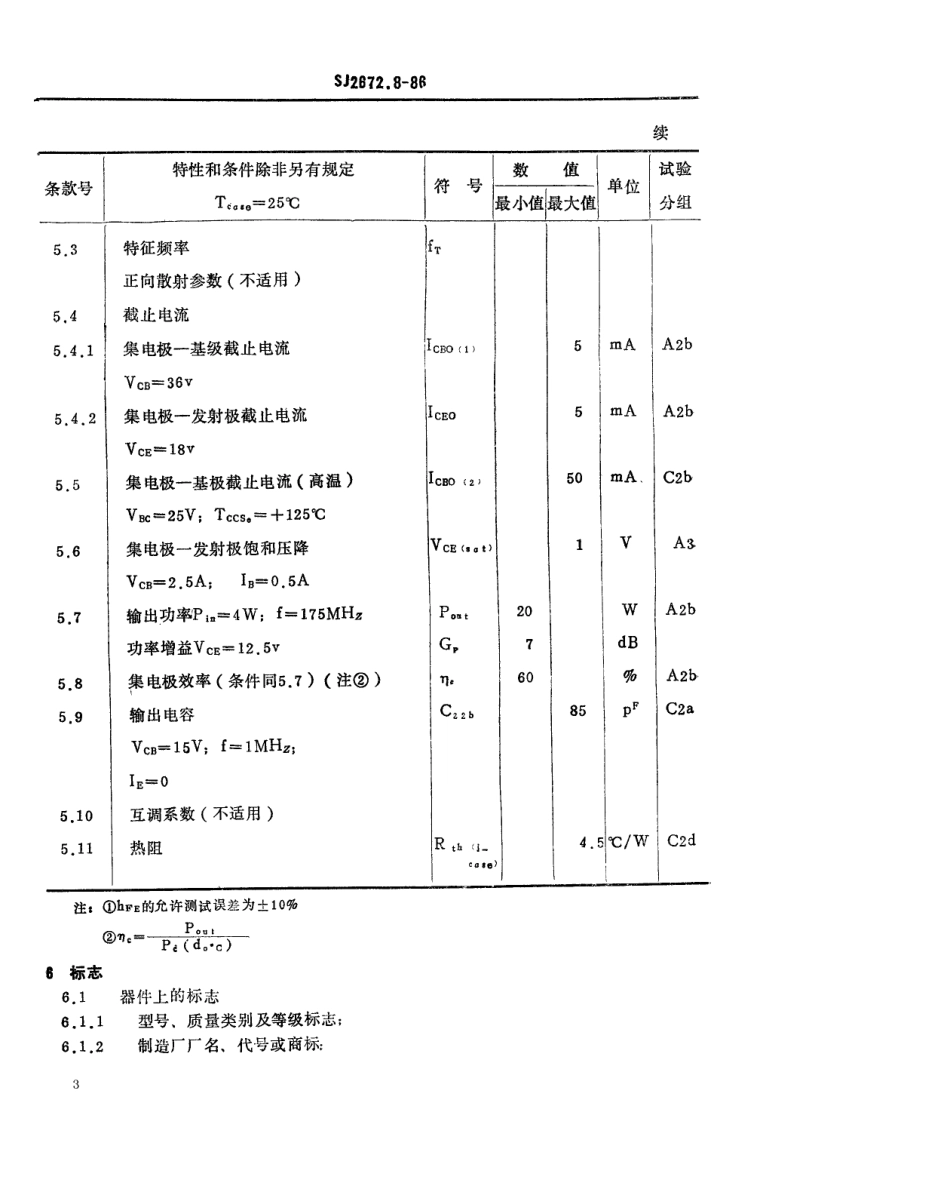 SJ 2672.8-1986 电子元器件详细规范 3DA308型175MHz管壳额定的低电压双极型功率晶体管.pdf_第3页