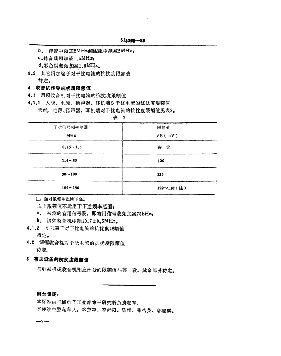 【电子行业军用标准】SJ 3263-1989 广播接收机及有关设备传导抗扰度特性限额值.pdf_第3页