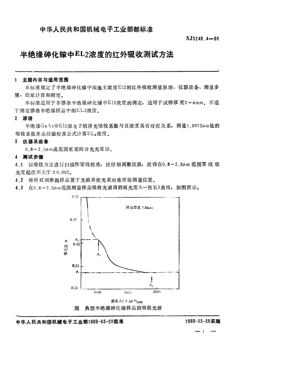 【电子行业军用标准】SJ 3249.4-1989 半绝缘砷化镓中EL2浓度的红外吸收测试方法.pdf_第1页