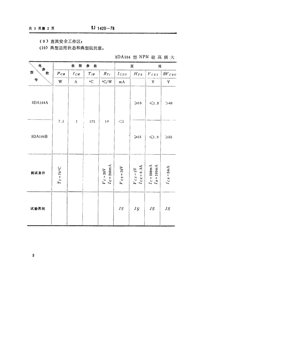 【电子行业军用标准】SJ 1420-1978 3DA104型NPN硅高频大功率三极管.pdf.pdf_第2页