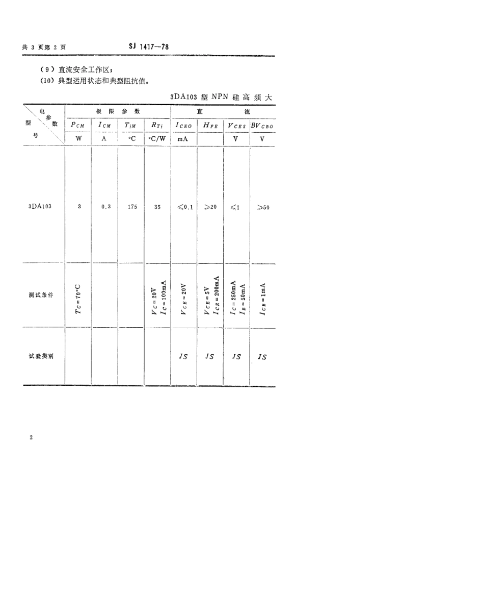 【电子行业军用标准】SJ 1417-1978 3DA103型NPN硅高频大功率三极管.pdf.pdf_第2页