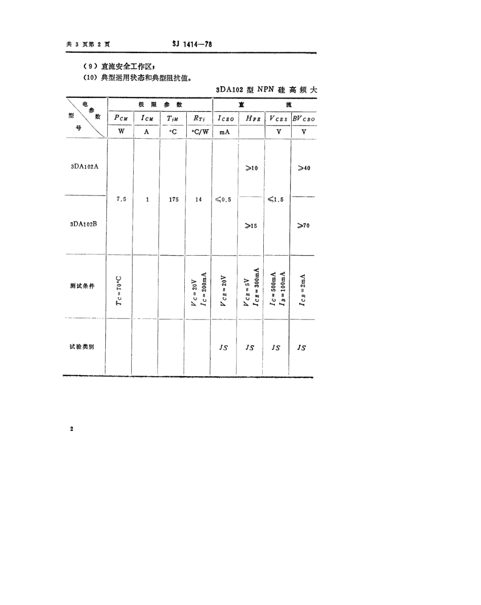【电子行业军用标准】SJ 1414-1978 3DA102型NPN硅高频大功率三极管.pdf.pdf_第2页