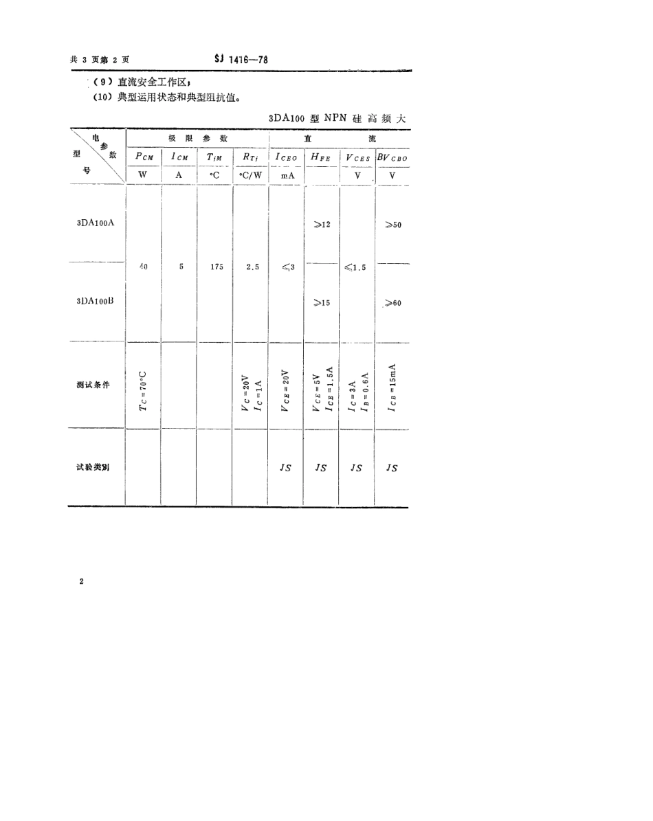 【电子行业军用标准】SJ 1416-1978 3DA100型NPN硅高频大功率三极管.pdf.pdf_第2页