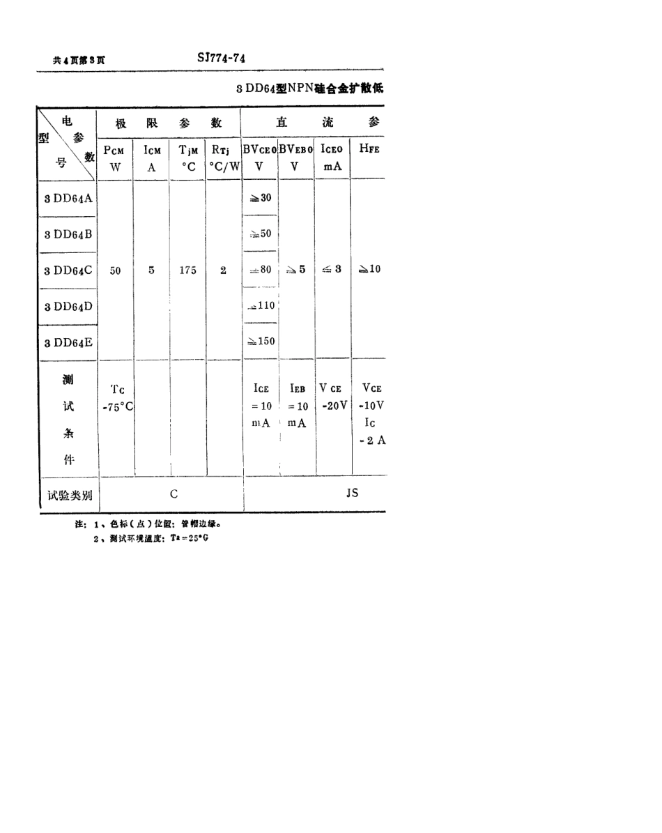 【电子行业军用标准】SJ 774-1974 3DD64型NPN硅合金扩散低频大功率三极管.pdf_第3页