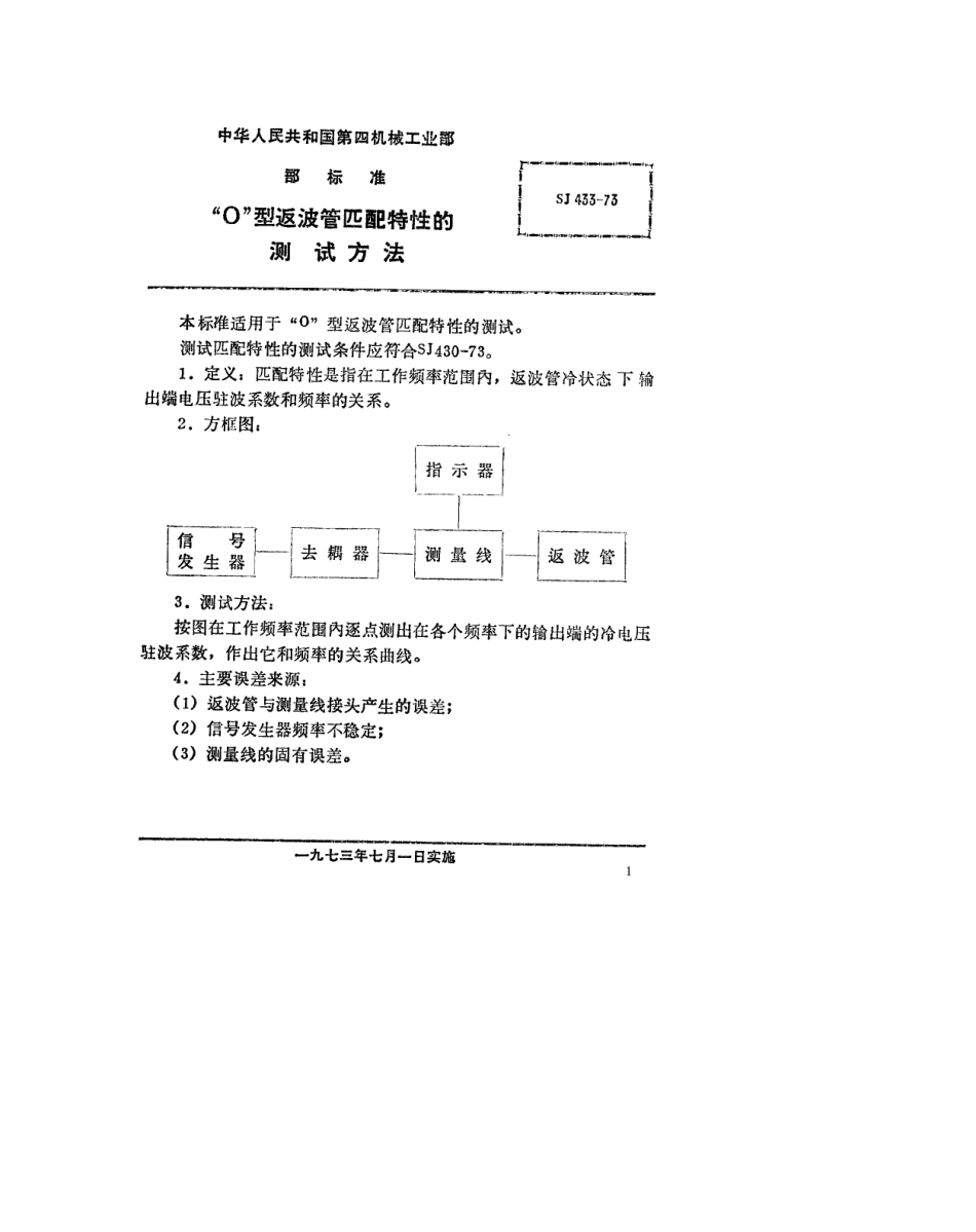 【电子行业军用标准】SJ 433-1973 “O”型返波管匹配特性的测试方法.pdf_第1页