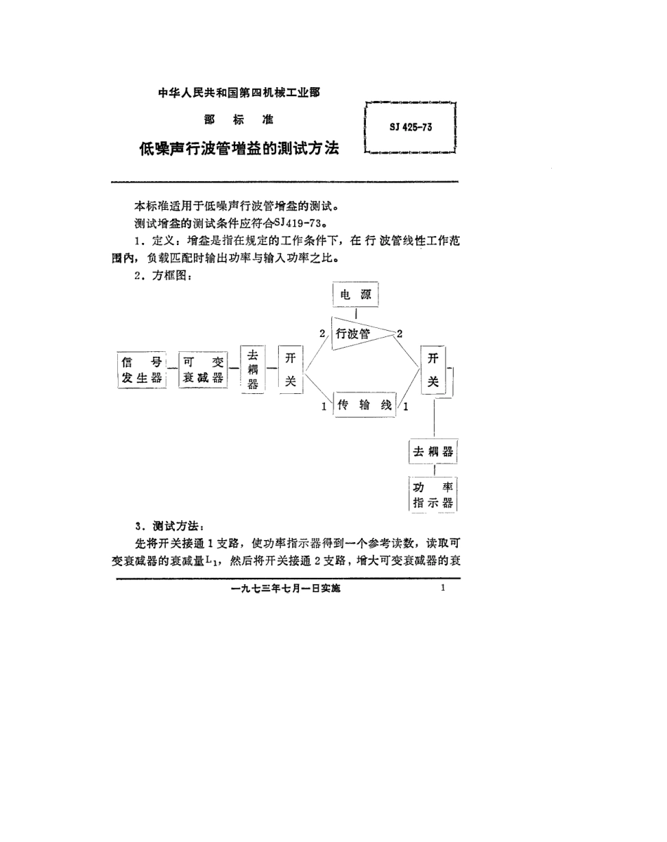 【电子行业军用标准】SJ 425-1973 低噪声行波管功率增益的测试方法.pdf_第1页