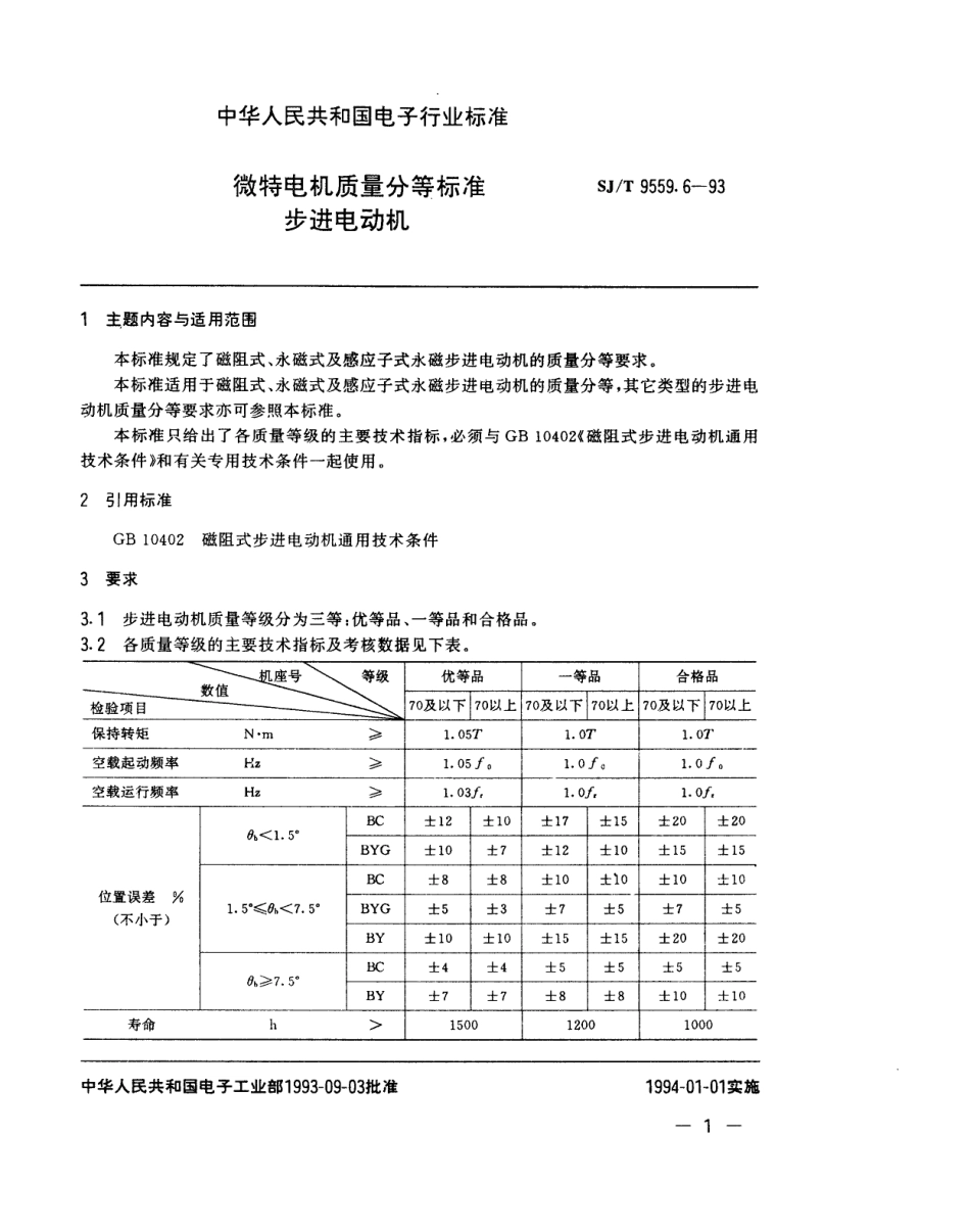 【电子行业军用标准】SJT 9559.6-1993 微特电机质量分等标准 步进电动机.pdf_第1页