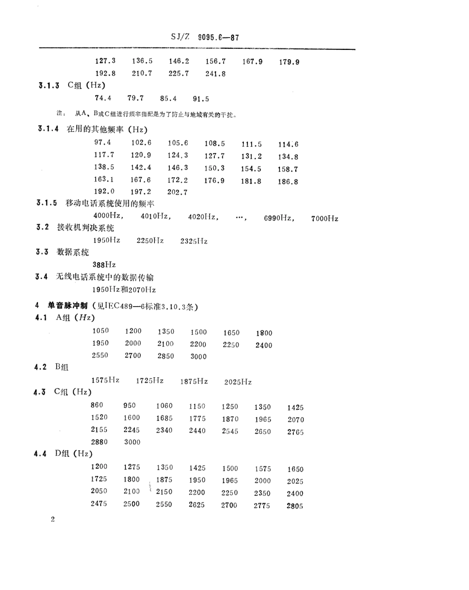 【电子行业军用标准】SJZ 9095.6-1987 移动业务无线设备的测量方法 第六部分 选呼设备 单音信令制通用的音频频率.pdf_第2页