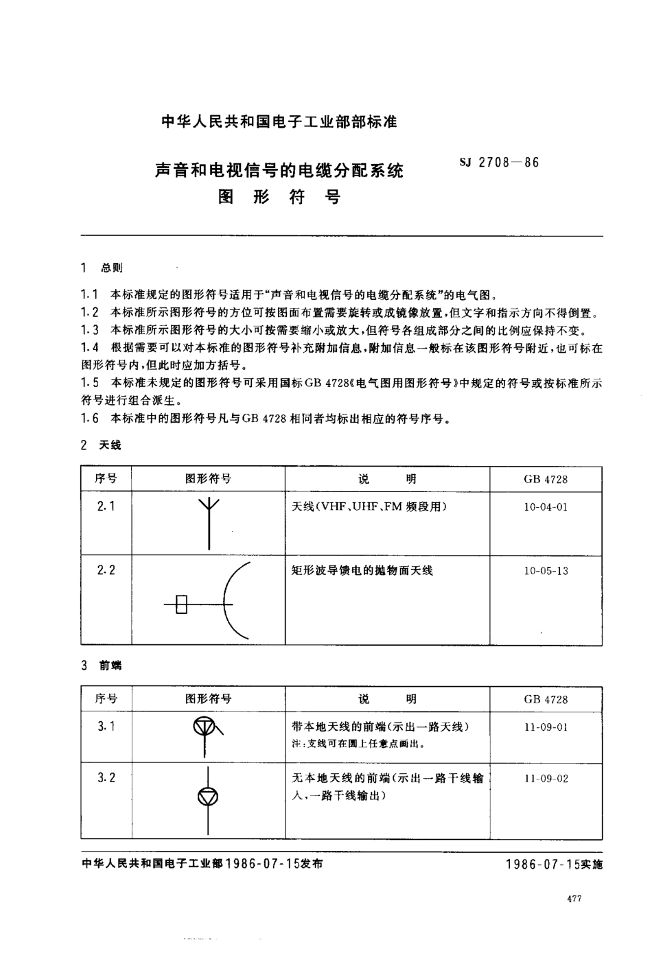 SJ 2708-1986 声音和电视信号的电缆分配系统图形符号.pdf_第1页