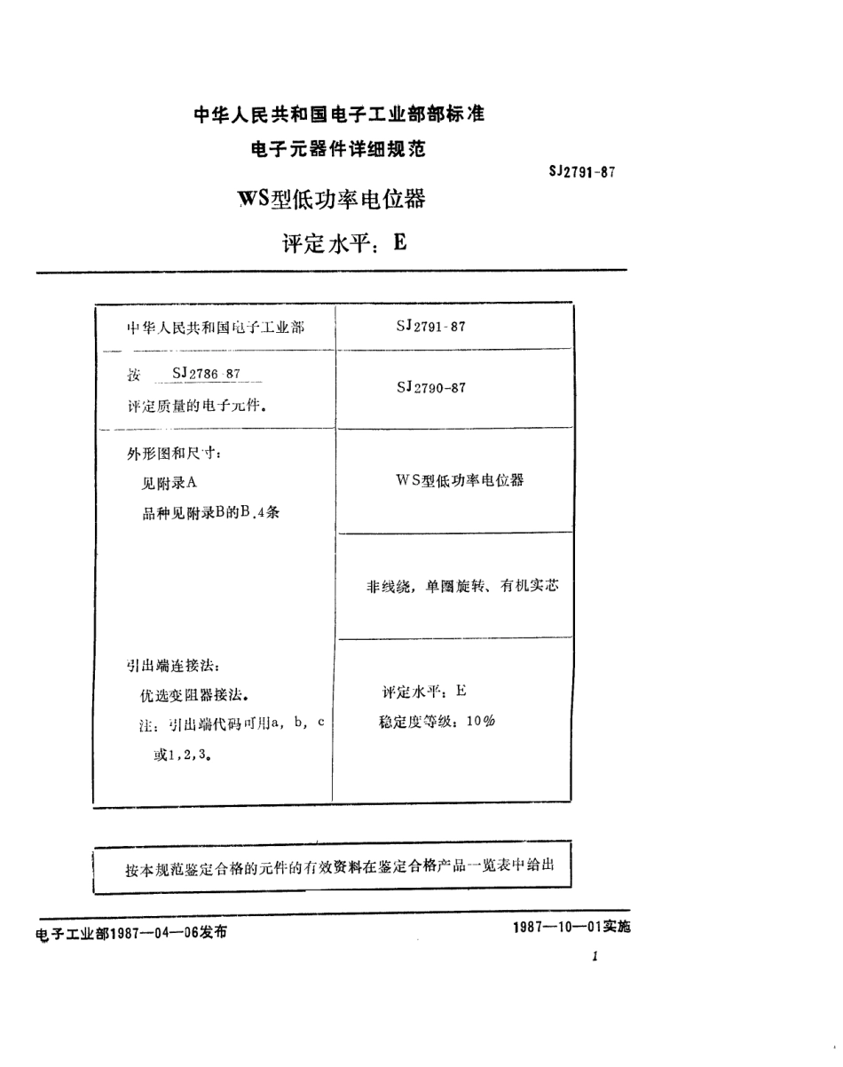SJ 2791-1987 电子元器件详细规范 WS型低功率电位器 评定水平 E.pdf_第2页