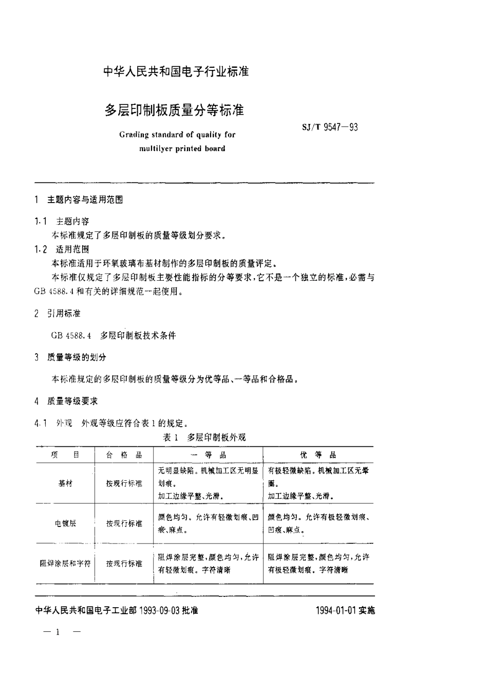 【电子行业军用标准】SJT 9547-1993 多层印制板质量分等标准.pdf_第1页