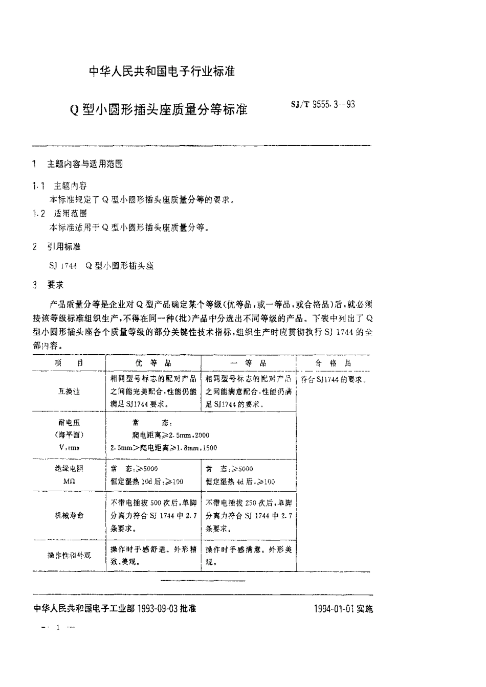 【电子行业军用标准】SJT 9555.3-1993 Q型小圆形插头座质量分等标准.pdf_第1页