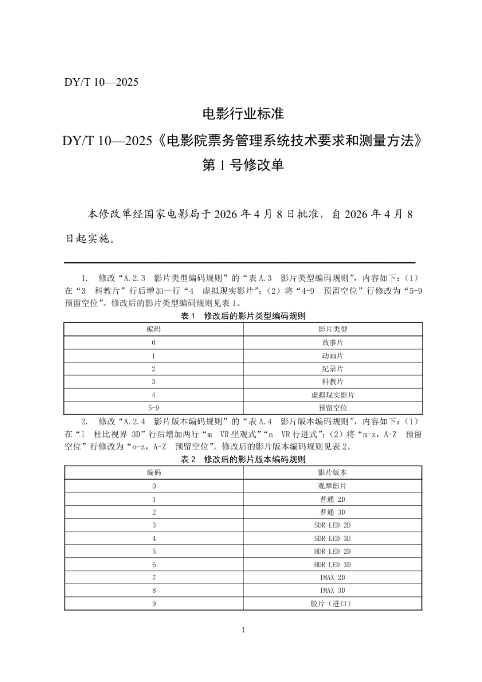 DY_T 10—2025-1 DY_T 10-2025_电影院票务管理系统技术要求及测量方法_第1号修改单.pdf_第1页